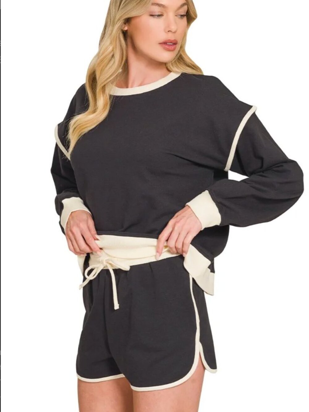 NEW Zenana French Terry Pullover & Shorts Set – Black Size Large